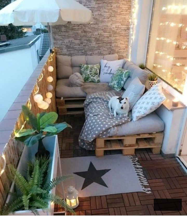 cozy outdoor sitting area with a dog