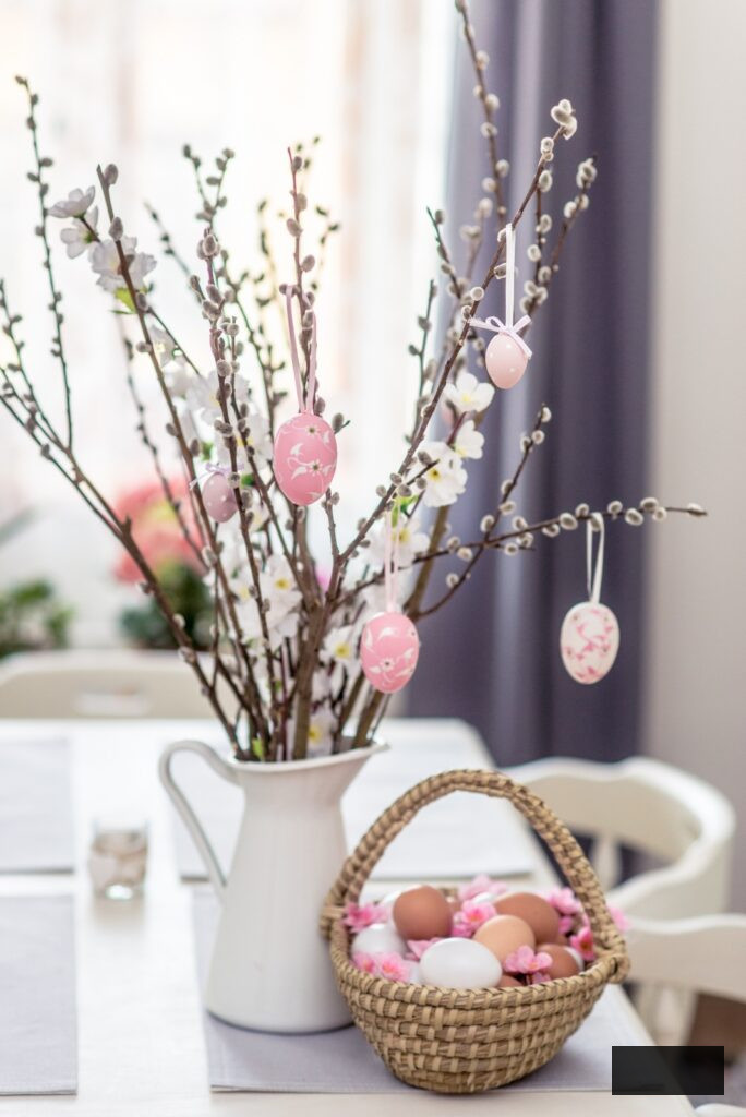 Pussy willow centerpiece with Easter eggs