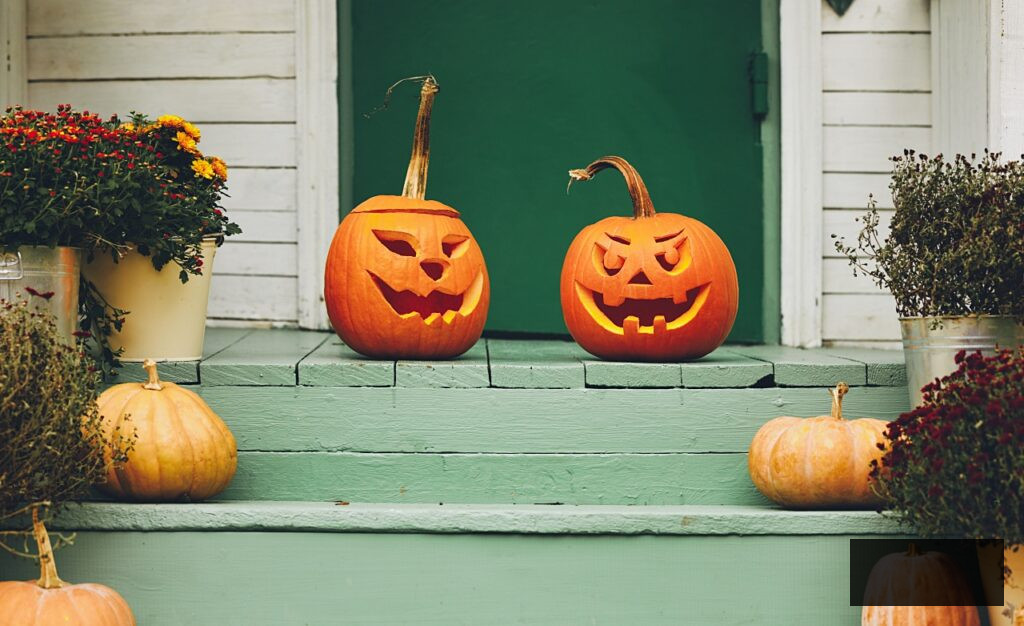Classic front porch with jack-o-lanterns