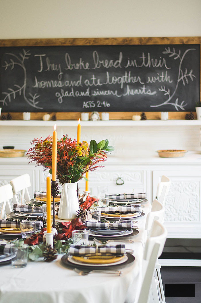 Farmhouse table set for Thanksgiving Day