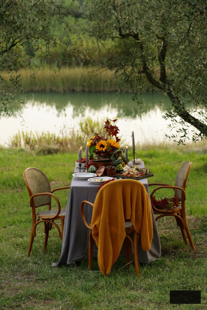 Festive autumn table arrangement with fruits and cheese