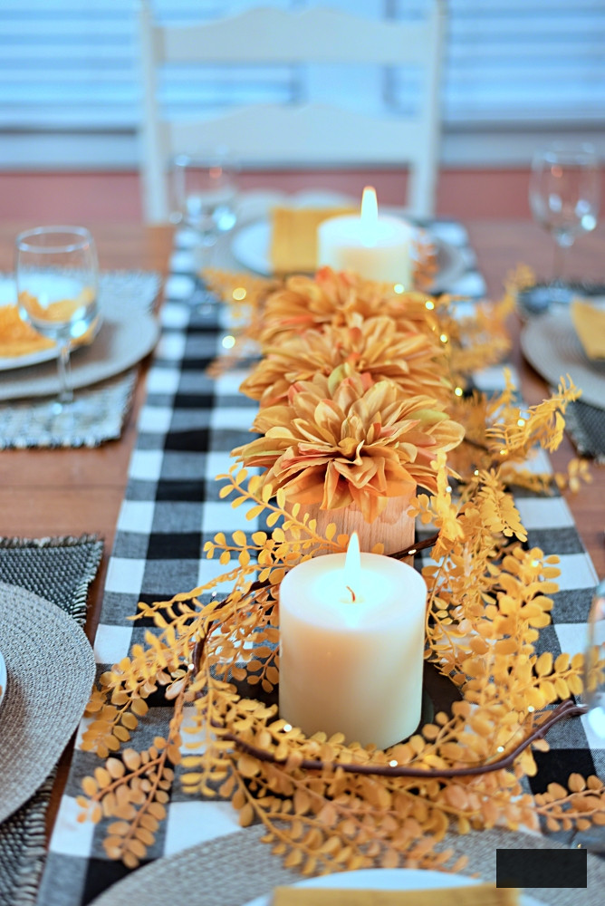 Thanksgiving tablescape with buffalo check table runner