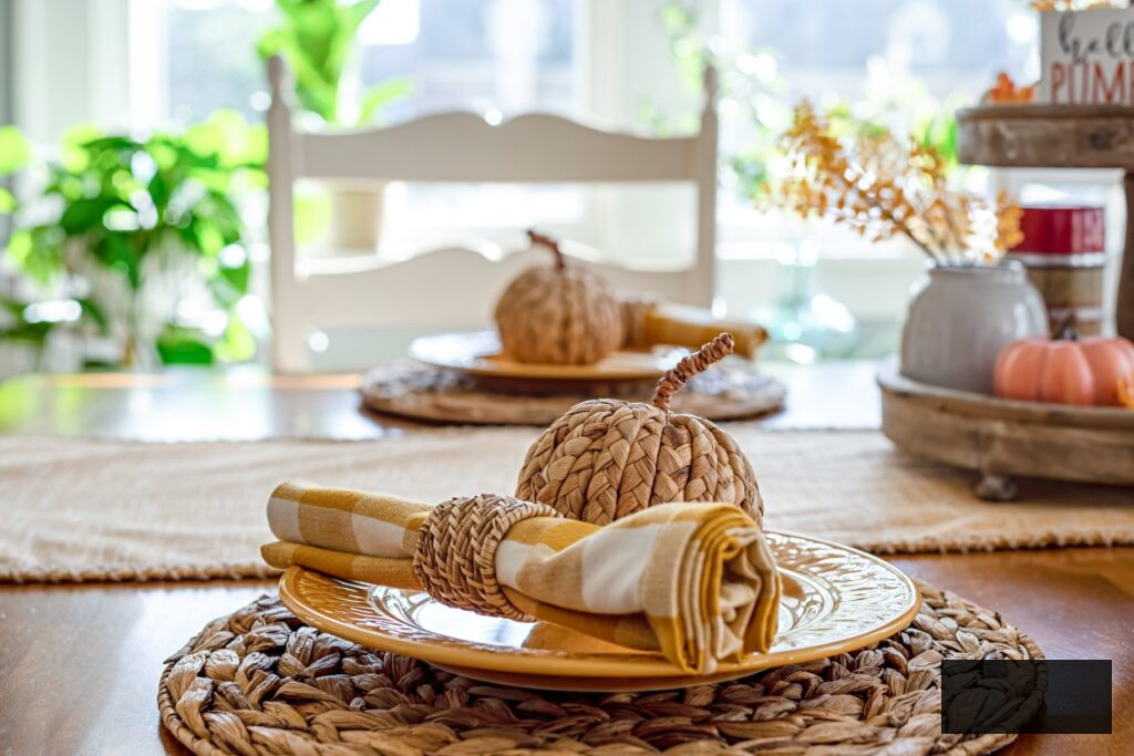 Dining table decorated for Thanksgiving - textured placemats