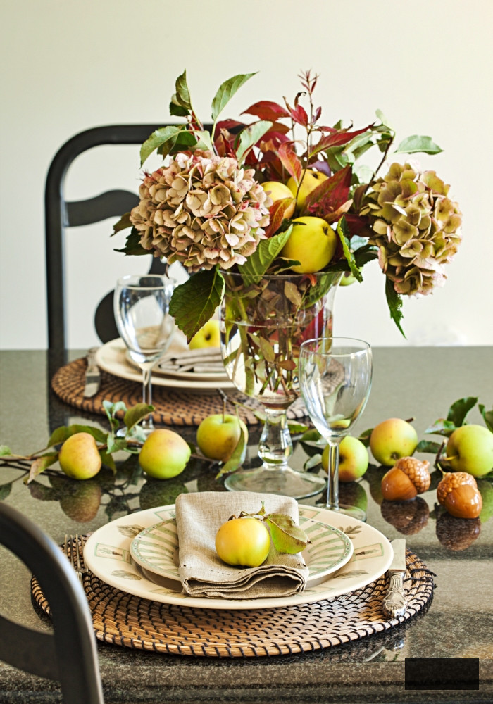 Autumn table decoration. Thanksgiving table setting with autumn decorations