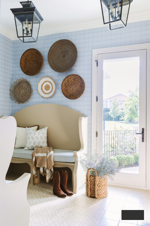Light Blue Bathroom with Baskets on Wall