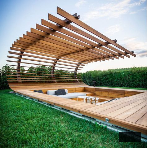 poolside sunken seating area with modern high design pergola