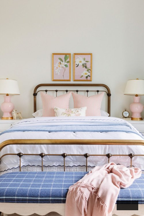 Pretty Pink and Blue Bedroom with Metal Bed
