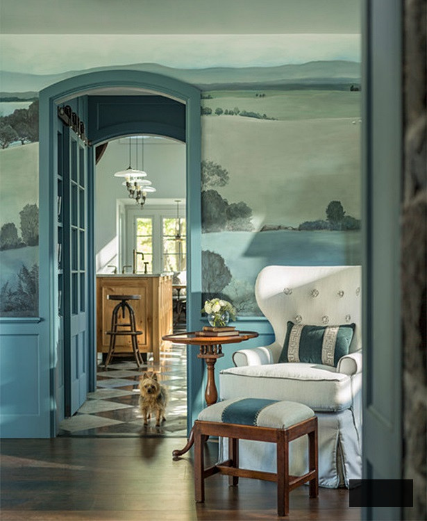 Blue Sitting Area with Hand-Painted Mural