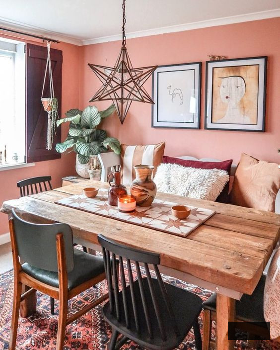 rose-colored contemporary bohemian dining room concept
