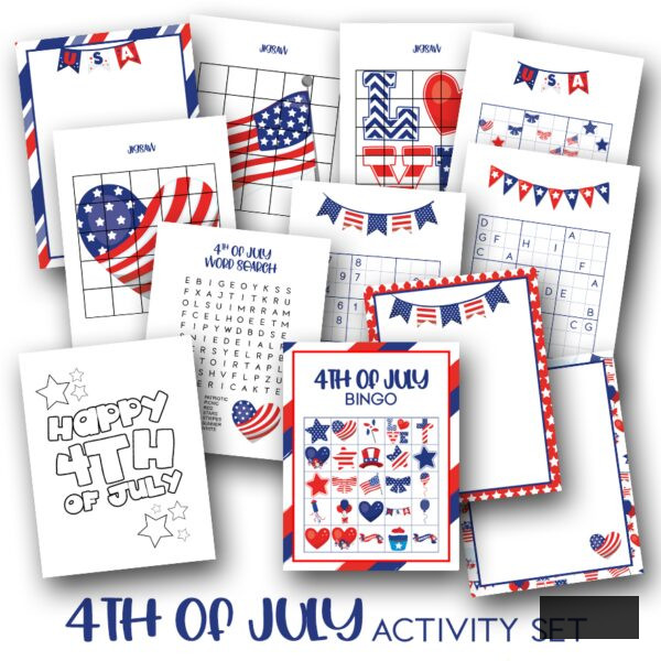 preview of some of the pages from the 4th of July Printable Fun and Games Activity Pack available from the Rainy Day Mum store