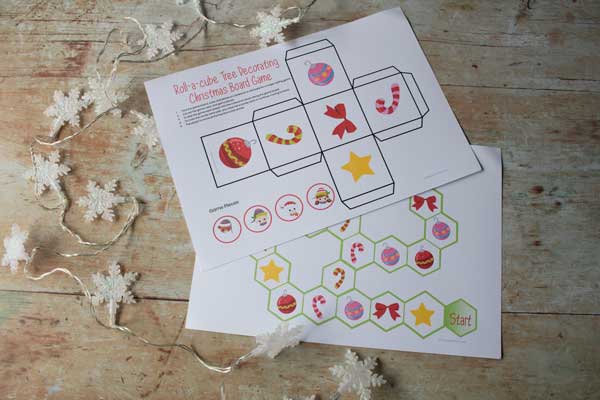 board game and roll a cube and pieces for a decorate the tree game for preschoolers to print and play