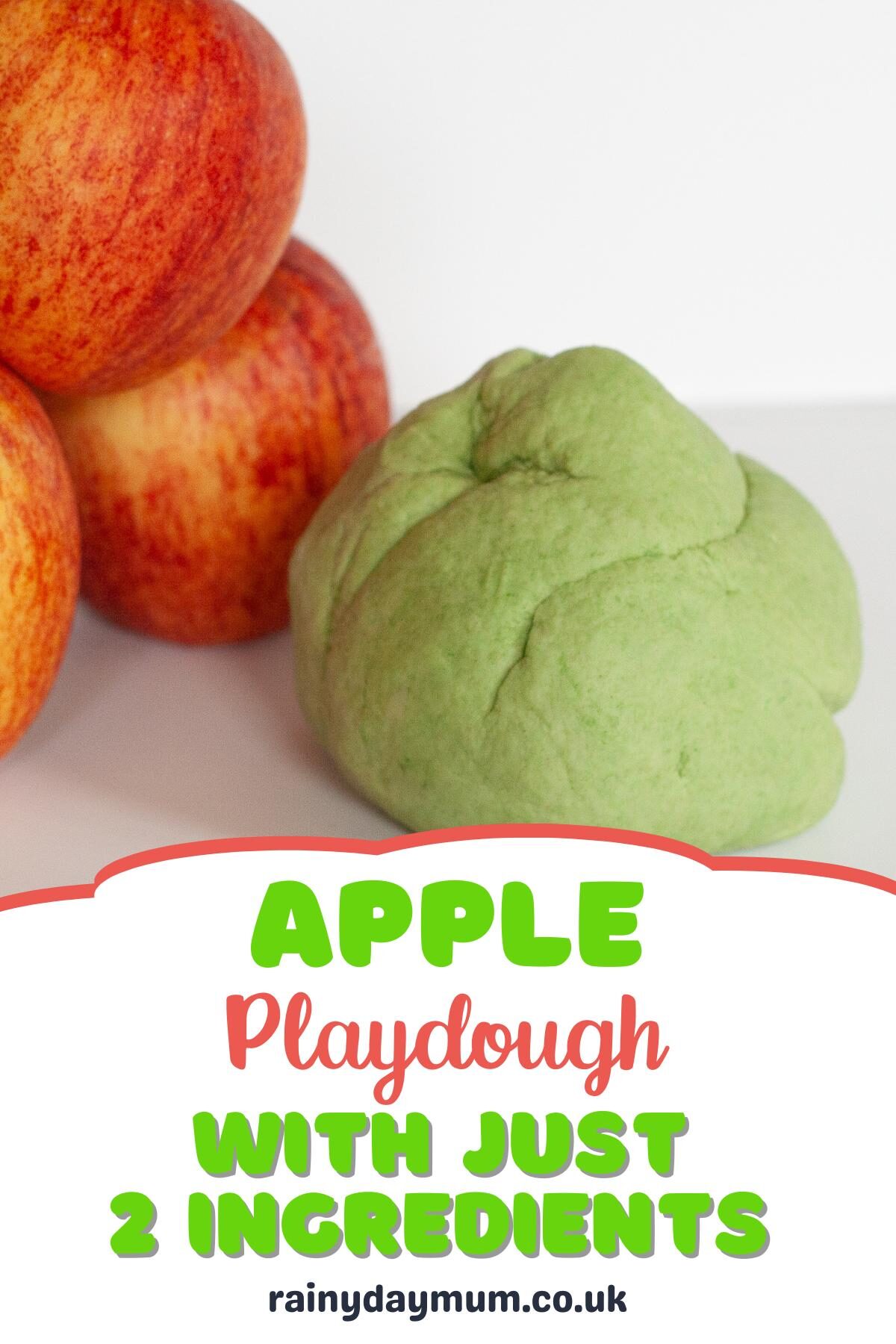 Pinterest image to promote Apple Playdough with Only 2 Ingredients showcasing a ball of the playdough along with 3 apples beside it.