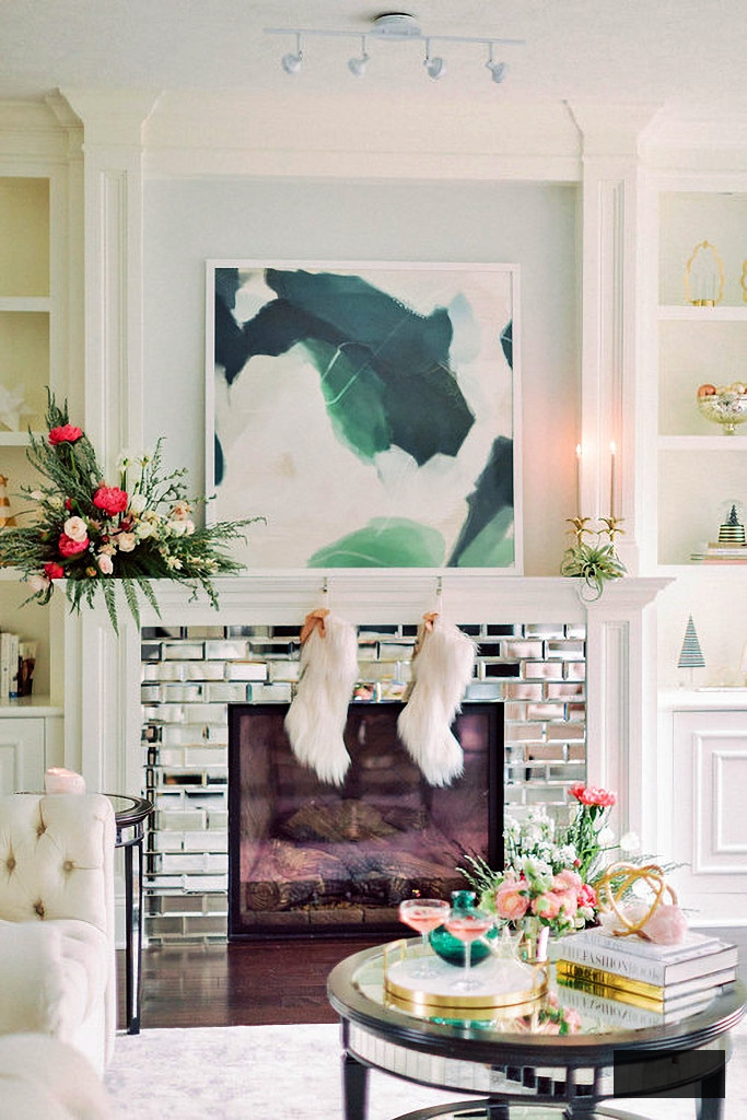 transitional living room in pastels at Christmas