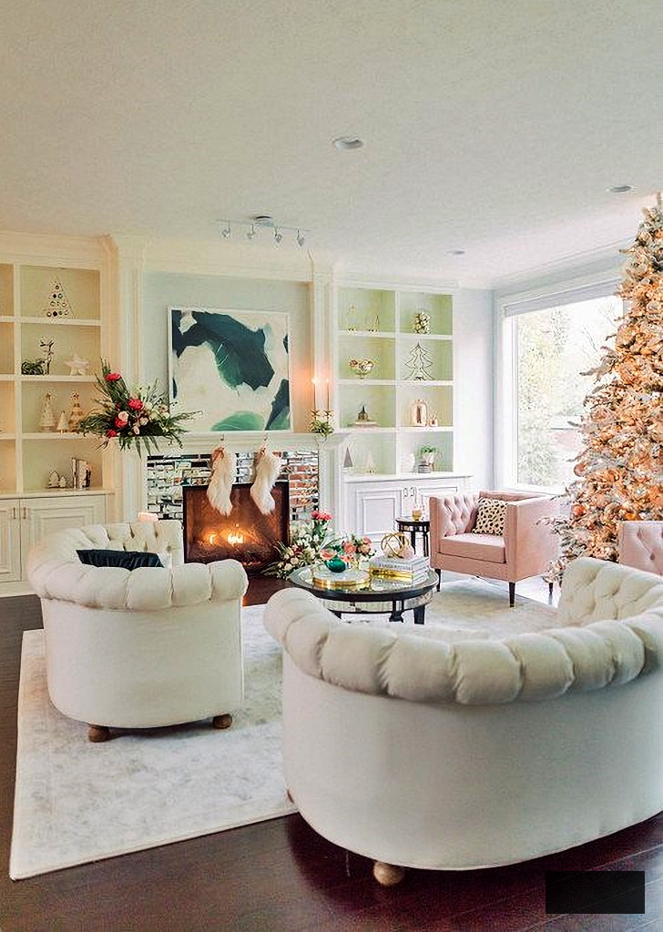 transitional living room in pastels at Christmas