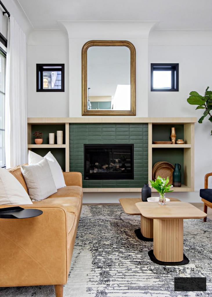 modern Tudor living room with painted brick fireplace