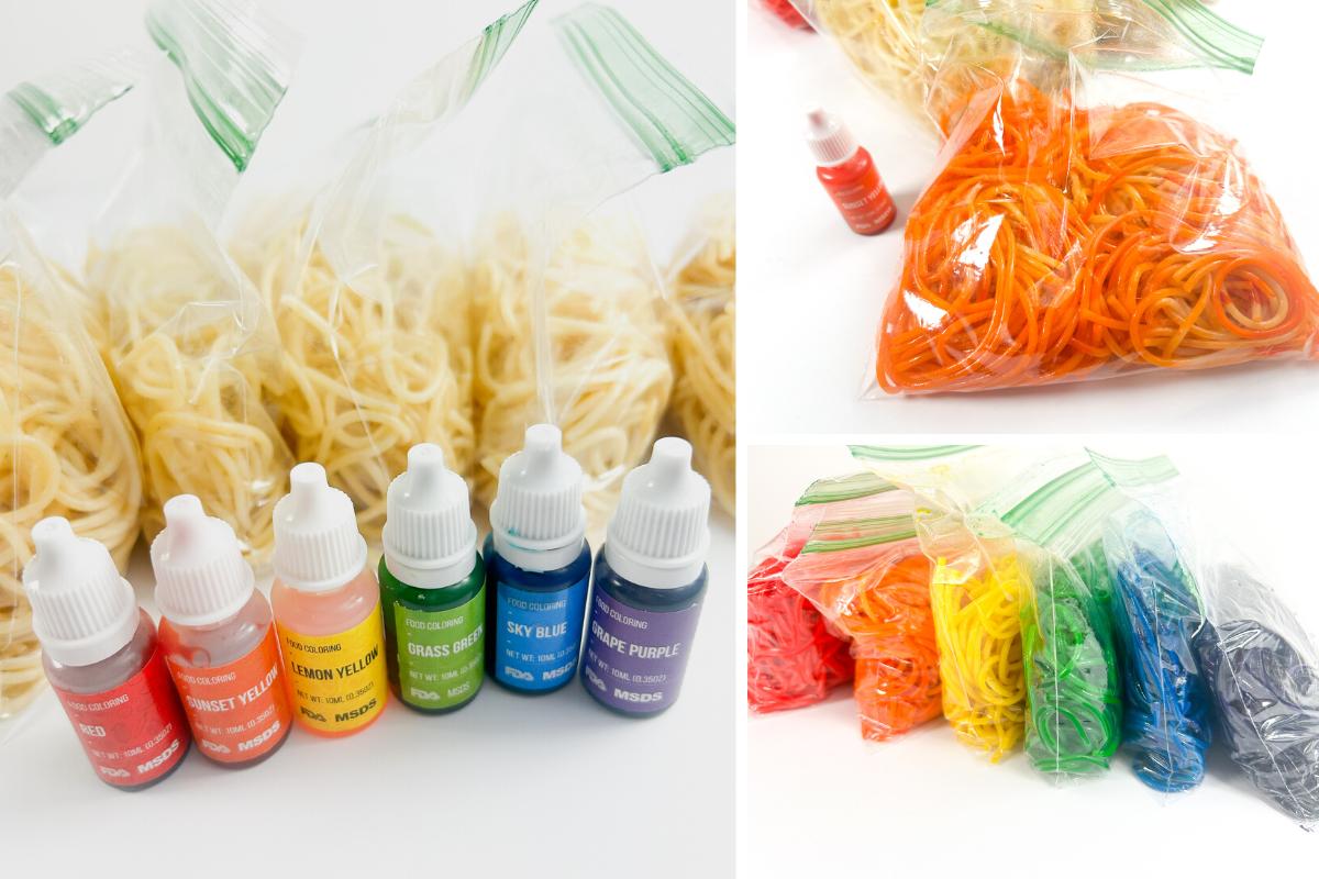 collage of basic steps for making rainbow spaghetti. 
