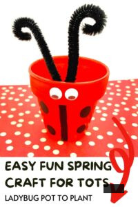 Pinterest image of a close up of a ladybird planter that kids can create text reads Effortless fun spring craft for tots ladybug pot to plant