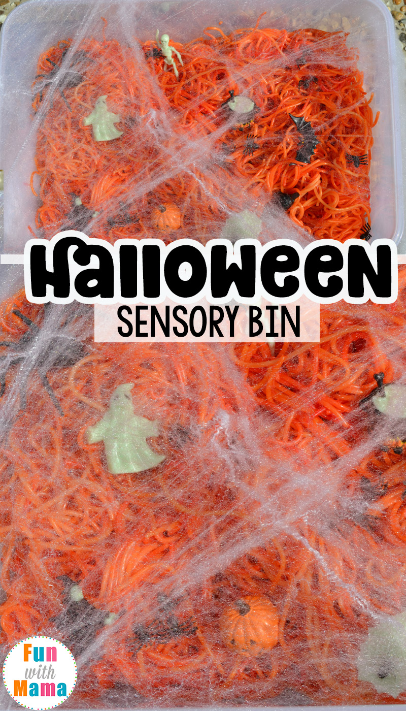 Collage of a Halloween Sensory Bin crafted with dyed spaghetti