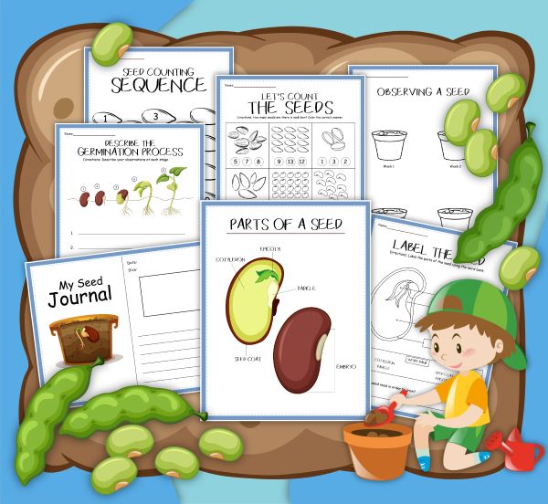 seed journal and activity printables showcasing the pages from Rainy Day Mum Shop