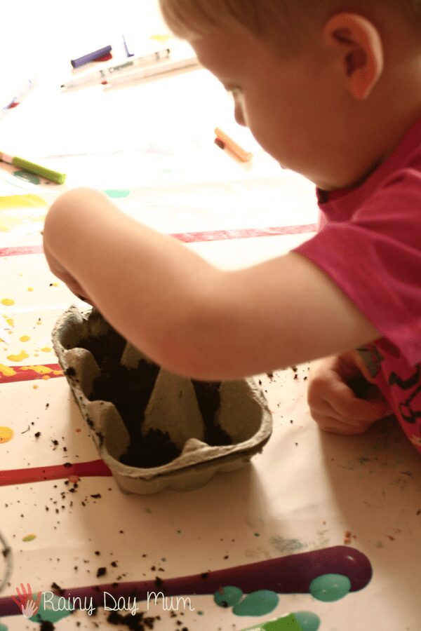 youngster placing soil into egg cartons