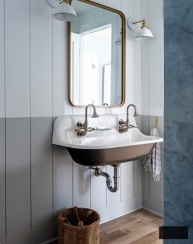 Suspended utility sink in powder room with shiplap walls