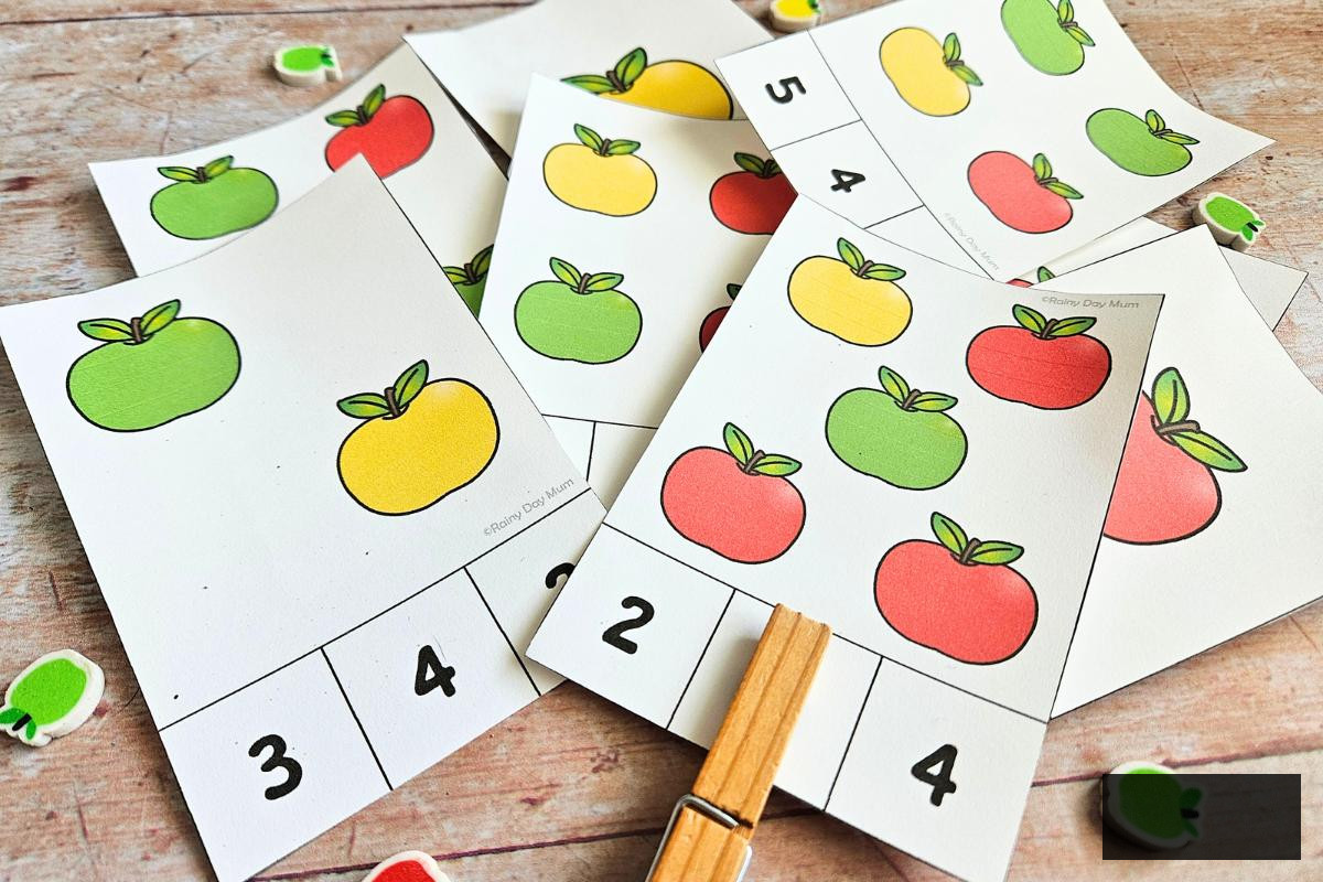 Apple count and clip cards for toddlers and preschoolers working on number recognition and counting to 5.