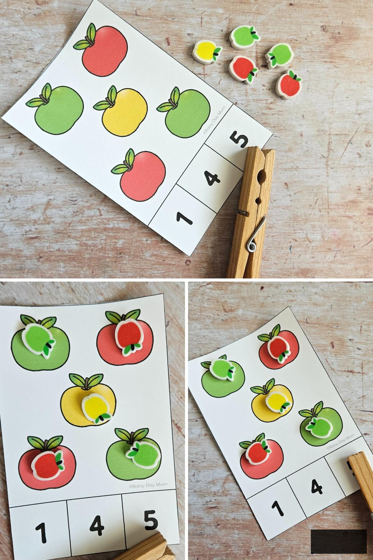 Collage of using apple erasers with apple count and clip cards to help count out numbers 1 to 5 for preschoolers and older toddlers.
