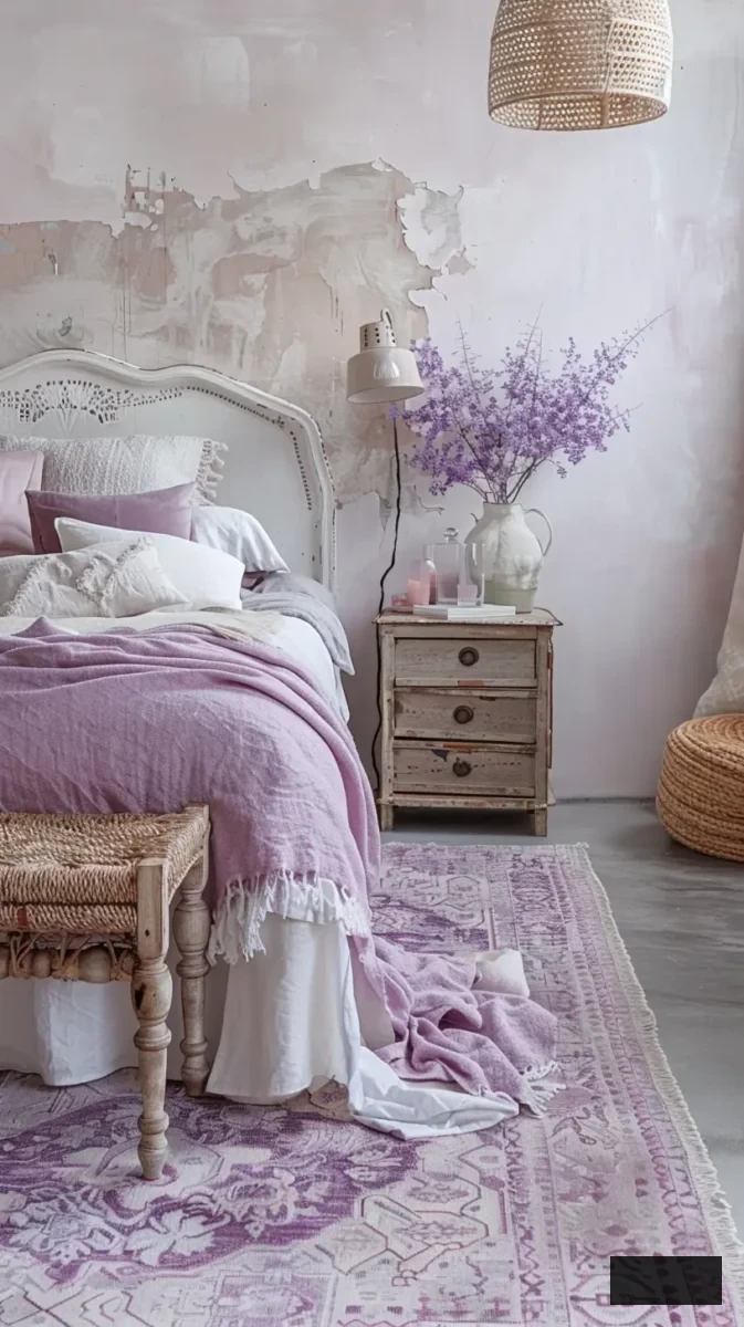 light lilac boho bedroom, peaceful ambiance, eclectic textures, calm atmosphere, unwinding and relaxation