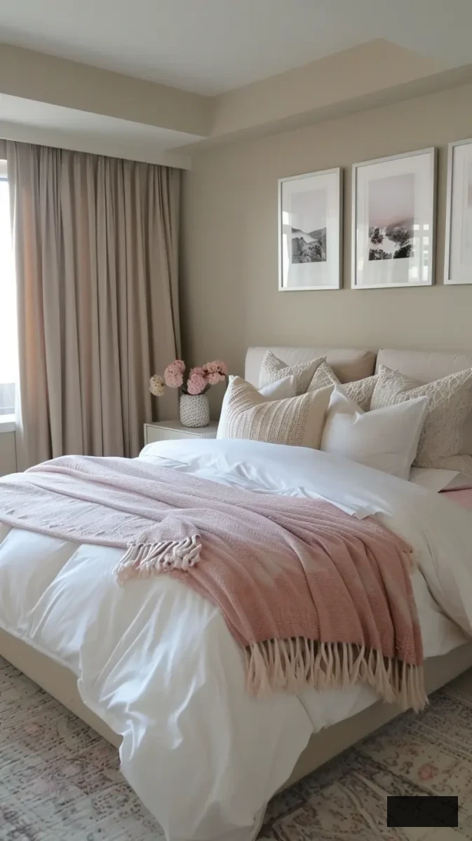 beige and pink bedroom with framed photos