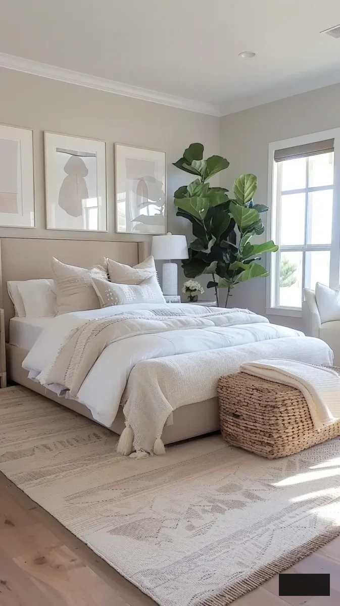 beige bedroom with fig tree