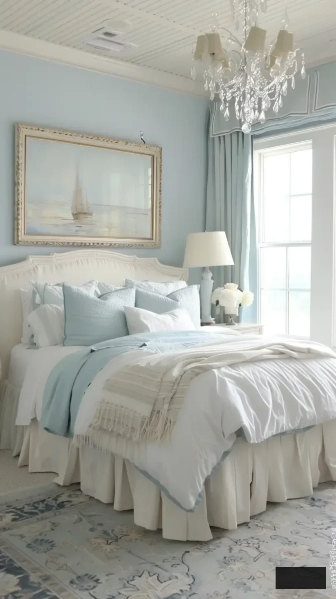 serene simple elegant light blue bedroom with chandelier