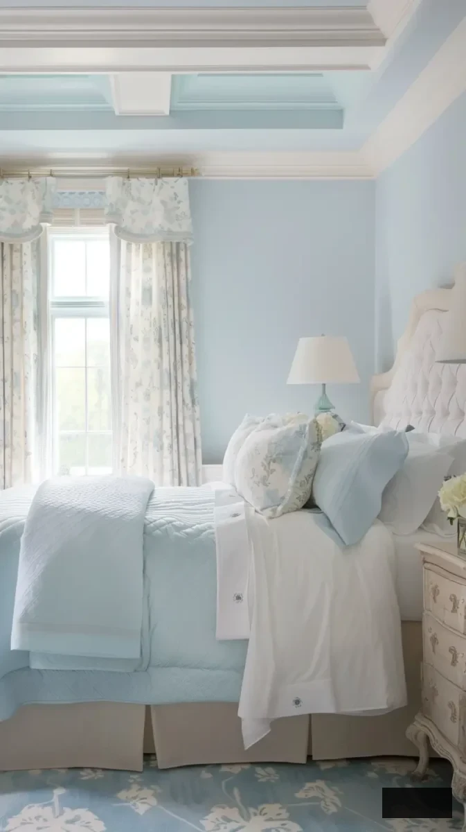 light blue tranquil bedroom with beige bed