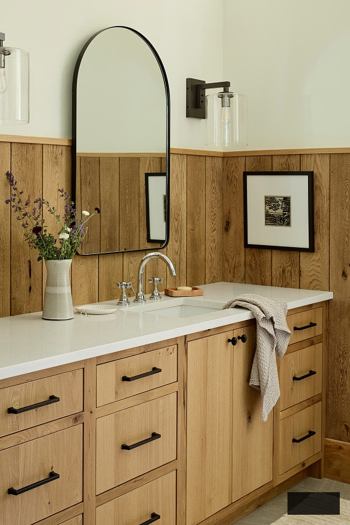 rustic bathroom with wood paneling
