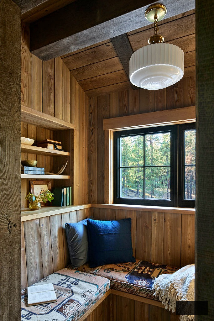 rustic reading corner in lodge style home