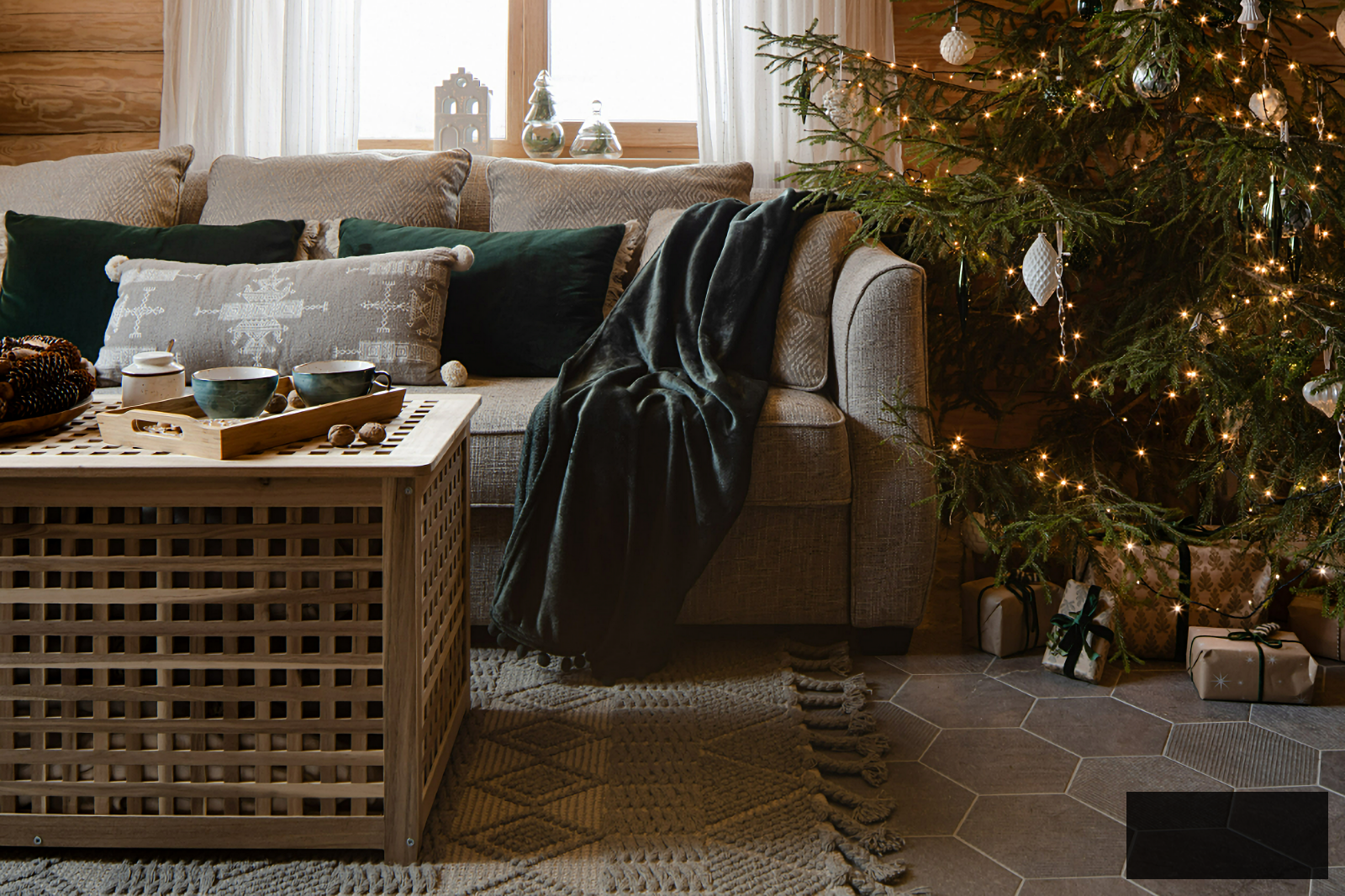 Cozy cabin living room decorated for Christmas