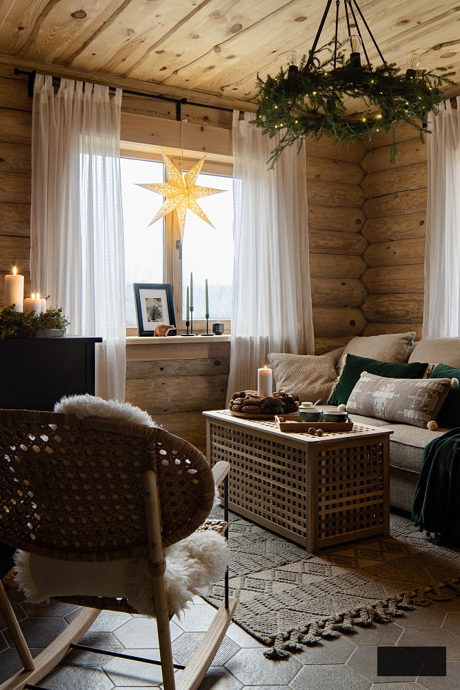 Cozy cabin living room decorated for Christmas
