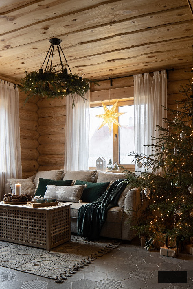 Cozy cabin living room decorated for Christmas