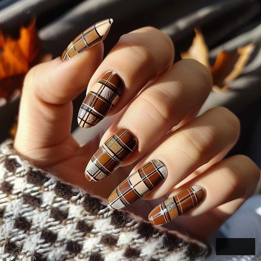 traditional dark academia aesthetic nail design. Checkered, on long nails