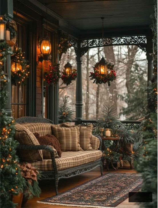 dark academia christmas outdoor decoration front porch