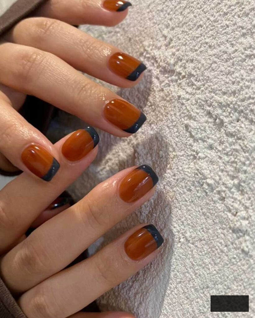 fall dark blue and brown preppy dark academia aesthetic, simple and minimalist french tips fro fall and winter