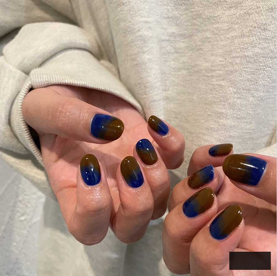 dark blue and brown dark academia nails for fall and autumn on short aesthetic nails