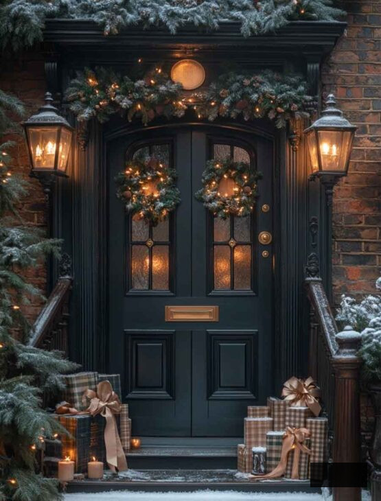 dark academia vintage christmas decoration for winter front porch outdoors. luxury