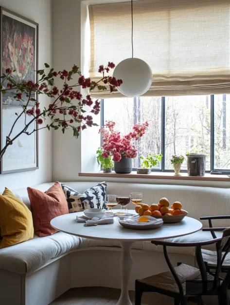 morning dining corner nook with banquette, art, plants, cozy, aesthetic, window flowers, round table, cushions