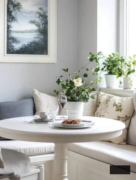 morning dining corner nook with banquette, art, plants, cozy, aesthetic, window flowers, IKEA white INGATORP Extendable table, cushions