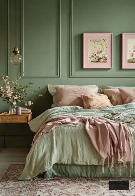 A serene bedroom with green walls and bedding, featuring blush accents. Two floral artworks in pink frames hang above the bed. A bedside table holds a plant and a hanging bulb-style lamp. A patterned rug covers the floor.