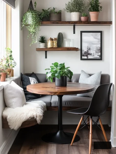 morning dining corner nook with banquette, Walnut Live Edge Floating Shelves, plants, cozy, aesthetic, window flowers, round table, cushions