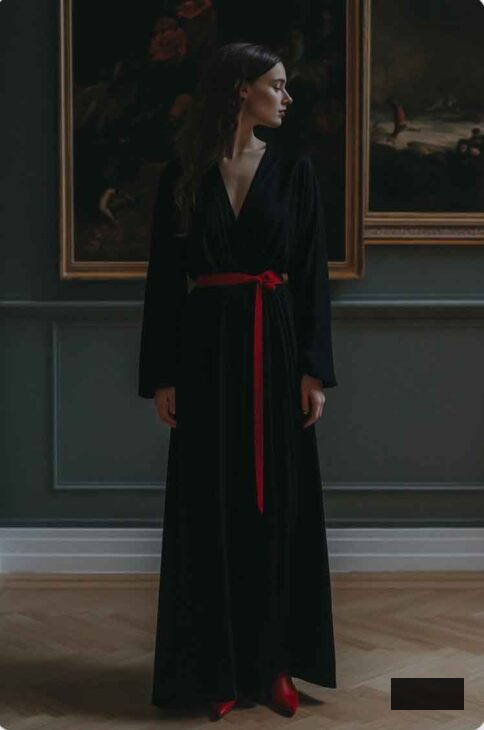 black long dress witchy vampire academia dark with red boots elegant party chic outfit
