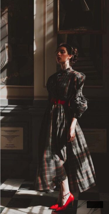 plaid maxi grey dress dark academia spring style with red
