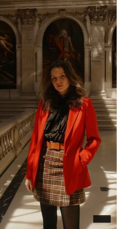 dark academia workwear with red and mini plaid skirt and blazer