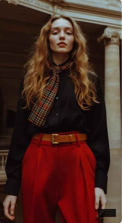 formally simple dark academia outfit fashion with red pants and black blouse